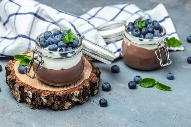 Chocolate panna cotta with blueberries. Chocolate pudding and greek yogurt parfait. Long banner format.