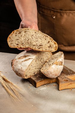 rustic crusty loaves of bread, Bakery, food concept. Top view,