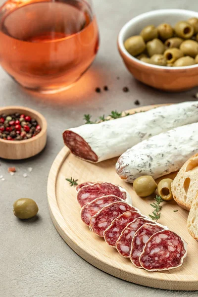 Fresh Homemade Italian Bread Ciabatta Slised Fuet Food Recipe Background — Stock fotografie