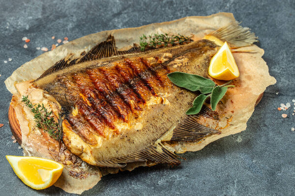 grilled flounder, Grilled fish seafood. banner, menu, recipe place for text, top view,