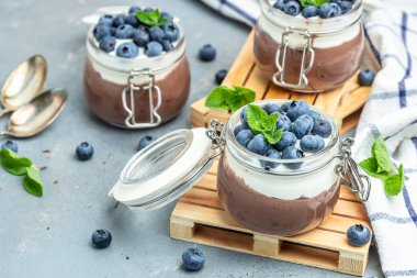 Lezzetli çikolatalı mus veya kremalı puding. Yaban mersinli çikolatalı panna cotta. Çikolatalı puding ve Yunan yoğurt parfe.