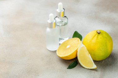 Bergamot citrus fruit essential oil, aromatherapy oil natural organic cosmetic. place for text, top view.