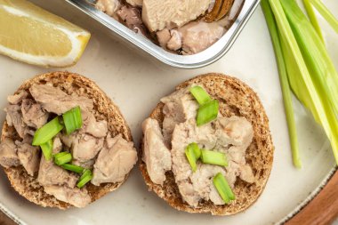 Sandwich with cod liver. Natural source of omega 3. Healthy food concept. place for text, top view.