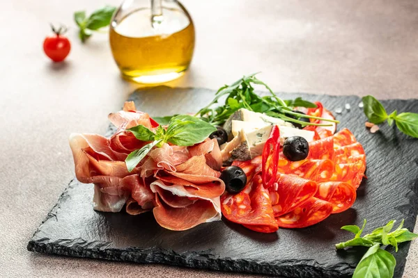 Meat Appetizer Traditional Spanish Tapas Ham Salami Goat Cheese — Stock Photo, Image