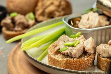 Cod liver fresh seafood healthy meal food. Sandwich with cod liver on rye bread. Health care concept. Natural source of omega 3.