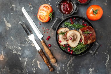 Beef rolls with berry sauce. Healthy fats. Food recipe background. Close up,