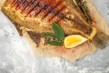 grilled flounder, Grilled fish seafood. banner, menu, recipe place for text, top view,