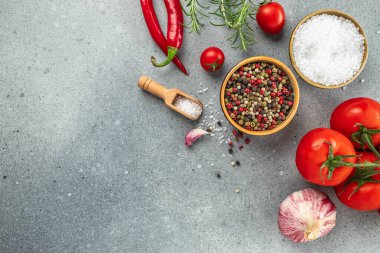 Sağlık pişirme konsepti, şifalı yemek masası, baharatlar, afiş, menü, metin için tarif yeri, üst görünüm,