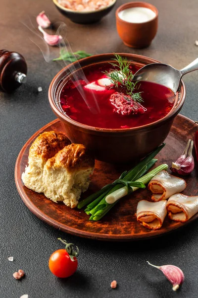 Борщ Традиційний Український Буряковий Суп Харчовий Рецепт Зачиніть — стокове фото