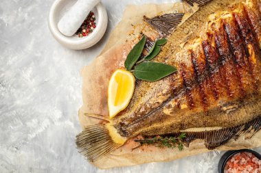 Flounder Fish. Seafood Food recipe background. Close up.