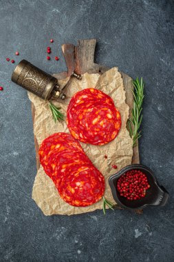 dry cured Spanish pork chorizo sausages with paprika, Food recipe background. Close up,