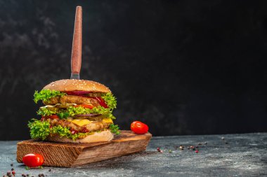 Ev yapımı lezzetli hamburger dilimi, domates, soğan, marul, mayonez, beyaz çörek, yağlı sağlıksız yiyecekler. afiş, menü, metin için tarif yeri.