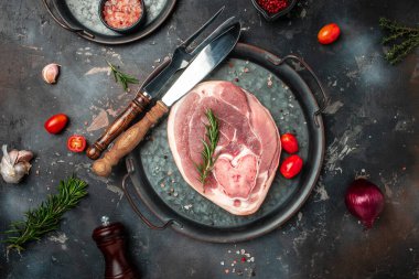 Pork Meat on a wooden board, Food recipe background. Close up,