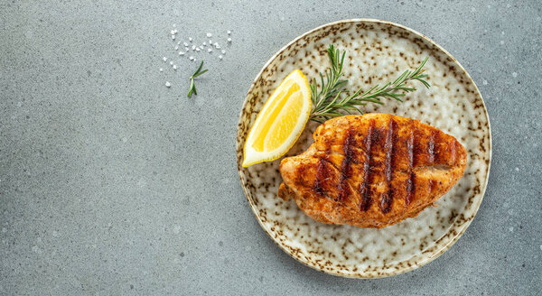 Tasty Grilled chicken fillet, Delicious breakfast or snack, Clean eating, dieting, food concept. top view.