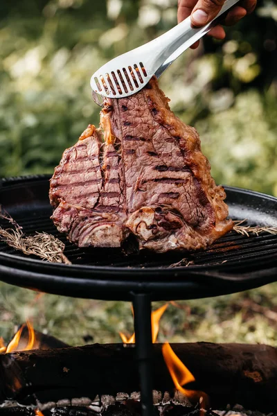 Grilling Steaks Flaming Grill Healthy Food Concept Place Text — Stock Photo, Image