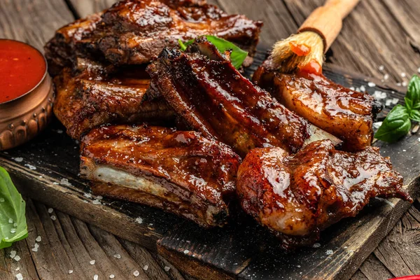 Pork Ribs Grilled Bbq Sauce Wooden Board Healthy Fats Clean — Stock Photo, Image