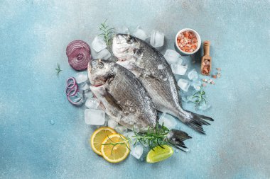 Çiğ dorado, otlar, baharatlar ve limonlu. Sağlıklı ve dengeli beslenme kavramı. metin için yer, üst görünüm.