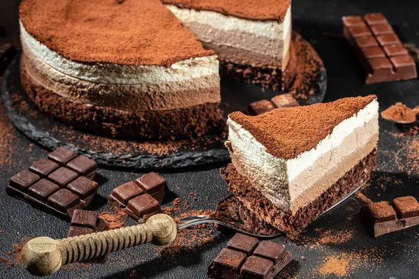 Chocolate Cake White Dark Milk Chocolate Whipped Cream Delicious Food — Stock Photo, Image