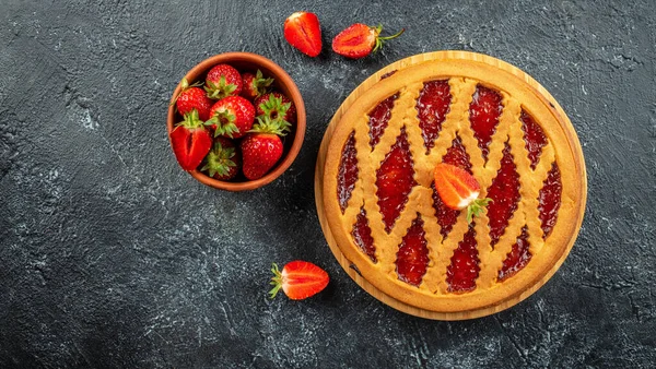 strawberry tart. cake pie, banner, menu, recipe place for text top view.