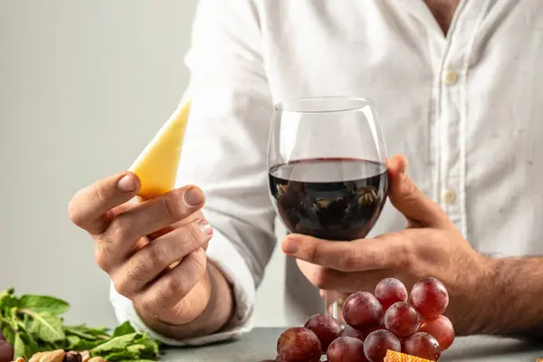 Man Holding Glass Red Wine Spanish Manchego Cheese Dinner Aperitivo — Stock Photo, Image