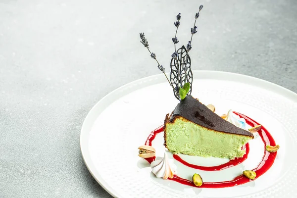 Green pistachio cake, dessert, banner, menu, recipe place for text top view,
