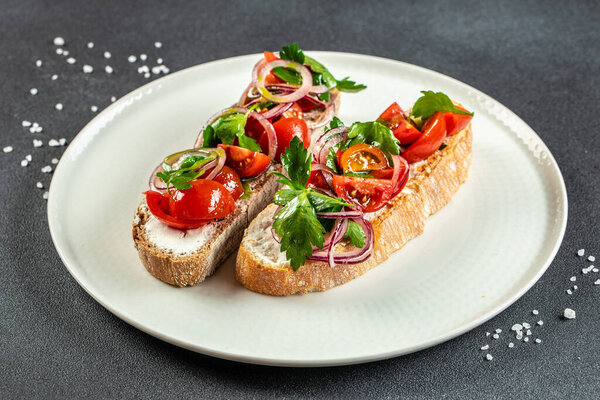 Sandwich with cottage cheese, tomatoes and basil, Delicious balanced food concept, place for text, top view,