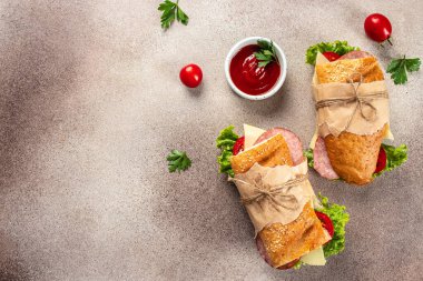 Taze salam, domates, marul ve peynirli sandviç. Hafif arka plan manzaralı lezzetli bir kahvaltı ya da atıştırmalık. Boşluğu kopyala.