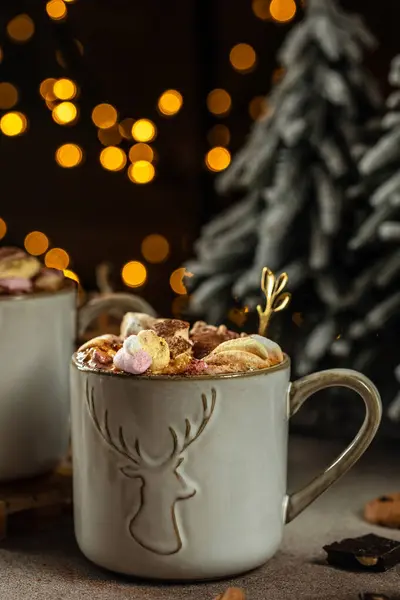 Hot winter drink chocolate in mug. Christmas time. Cozy atmosphere. Christmas drink.