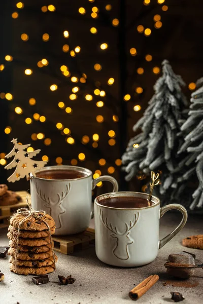 Hot winter drink chocolate in mug. Christmas time. Cozy atmosphere. Christmas drink.