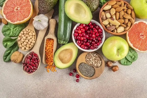 Gesunde Ernährung Verschiedenes Gemüse Samen Und Früchte Nahrungsmittelkonzept Antioxidantien Ballaststoffe Stockfoto