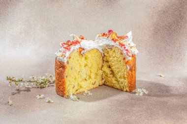 Kuru üzümlü panettone. Lezzetli Panettone dilimi. Paskalya ekmeği.