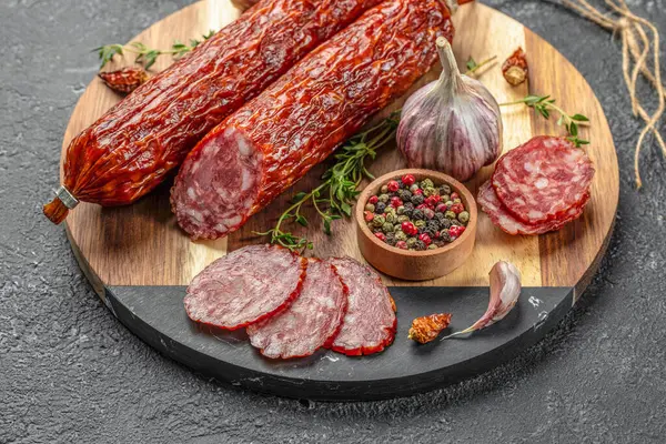 Tahta tahtada kekik ve kuru sosis. afiş, menü, metin için tarif yeri, üst görünüm,