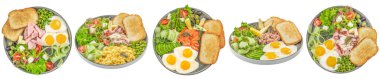 Farklı türde kahvaltılık yumurtalı jambonlu somon tostlu salata. Beyaz arka planda izole edilmiş. en üstteki görünüm.