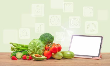 dijital tablet bilgisayar uygulamaları, dijital sağlık hizmetleri için sanal ekranlı sebzeler.