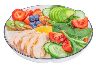 Bir tabak sağlıklı tavuk fileto, avokado ve salata. Protein, yağ ve karbonhidrat karışımı beyaz arka planda izole edilmiş. en üstteki görünüm,