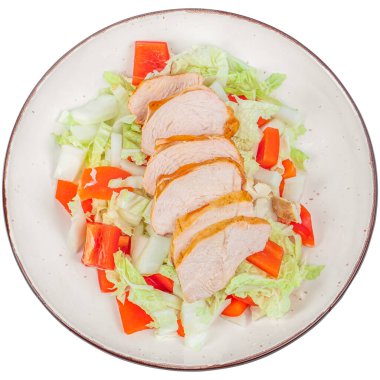 Tavuk göğsü, fileto ve beyaz arka planda izole edilmiş taze sebze salatası. Sağlıklı yemek menüsü. Diyet yemek.,