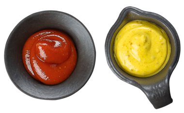 Set of different dip sauces bowls ketchup, mustard. Different sauces set isolated on white background. top view. clipart