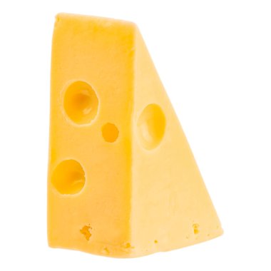 Delikli bir parça peynir. Emmental peynir üçgeni, İsviçre peyniri, beyaz arka planda izole edilmiş..