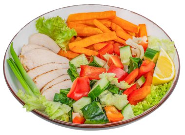 Sağlıklı salata kasesi, tavuklu fileto, beyaz, üst görüş, sağlıklı ve dengeli yeme kavramı,