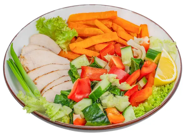 Sağlıklı salata kasesi, tavuklu fileto, beyaz, üst görüş, sağlıklı ve dengeli yeme kavramı,