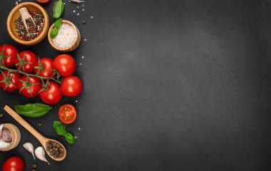 Taze domatesler, otlar, sarımsak ve baharatlar fotokopi alanı ile siyah zemin üzerine dizilmiş. en üstteki görünüm