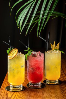 Uzun bardaklarda, narenciye, nane ve böğürtlenlerle süslenmiş üç ferahlatıcı kokteyl..