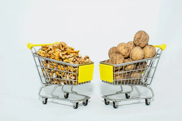 Shopping Cart Nuts Walnuts White Background — Stok fotoğraf
