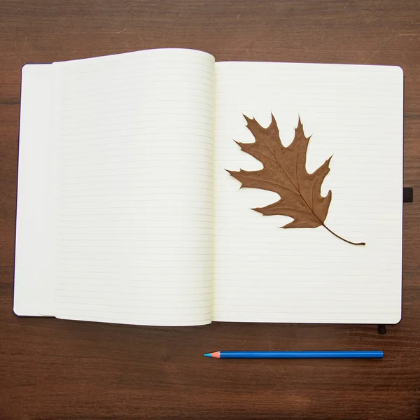 Folhas Outono Lápis Notebook Superfície Madeira Vista Superior — Fotografia de Stock