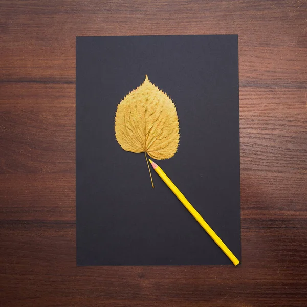 Κίτρινο Φύλλο Χαρτιού Από Φύλλα Ξηρού Σφενδάμου Ξύλινο Φόντο — Φωτογραφία Αρχείου