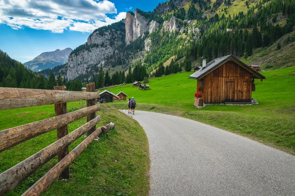 木製の小屋と見事な緑のフィールドで有名なサンニコロ渓谷 ドロマイト イタリア ヨーロッパ — ストック写真