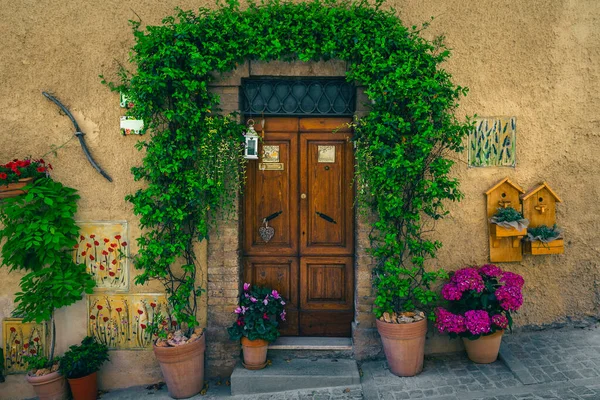 カラフルな花や観賞用の緑の植物 スペッロ ウンブリア イタリア ヨーロッパとの壮大な装飾された入り口 — ストック写真