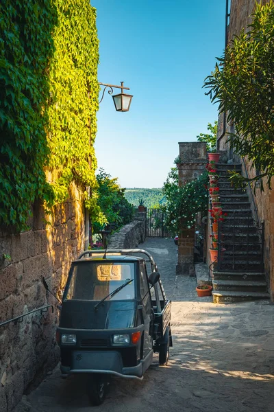 居心地の良い狭い通りや古い小さな車を停めた 装飾緑の植物や花の入り口 イタリア ヨーロッパで装飾された建物の壁 — ストック写真