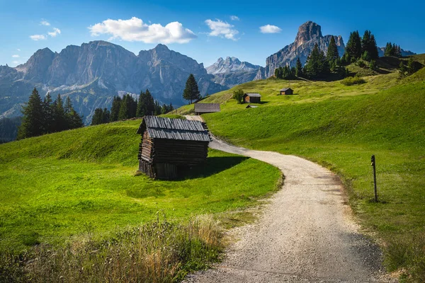 木製の小屋と見事な緑のフィールドで有名なヴァル バディア渓谷 ドロマイト イタリア ヨーロッパ — ストック写真