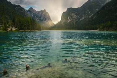 Meşhur dağ gölü olan Alp yaz manzarası. Toblacher gün batımında göl ve yeşil ormanı görüyor, Dolomitler, İtalya Avrupa